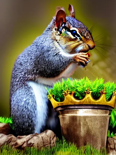 Image similar to a squirrel as king arthur, extremely plump, wearing crown of acorns and dandelions, servant squirrels, king arthur's court, game of thrones, sitting on throne, low angle, palace, fantasy art, cinematic lighting, realistic, sony 2 4 mm f 4. 0