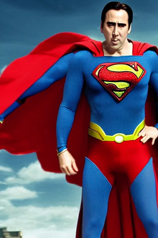 Prompt: nicholas cage as superman, live action, superhero movie, dramatic