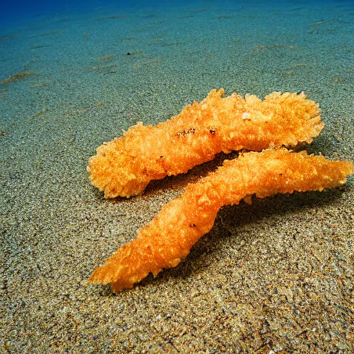 Prompt: underwater photo of breaded scampi on the seafloor zenith view,