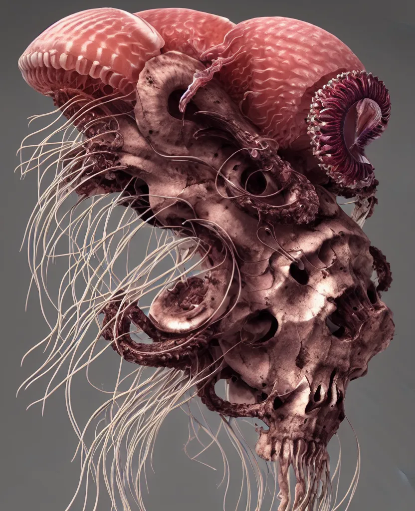 Image similar to goddess close-up portrait ram skull. jellyfish phoenix head, nautilus, orchid, skull, betta fish, bioluminiscent creatures, intricate artwork by Tooth Wu and wlop and beeple. octane render, trending on artstation, greg rutkowski very coherent symmetrical artwork. cinematic, hyper realism, high detail, octane render, 8k