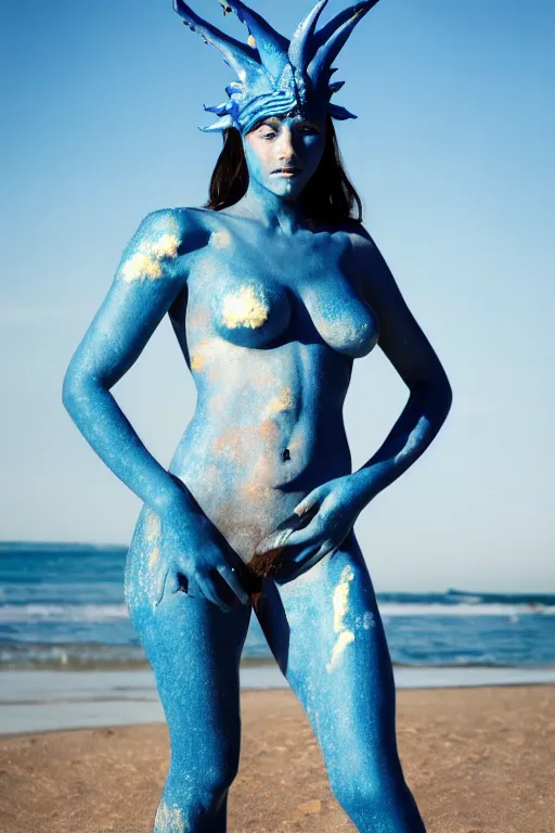 Image similar to a young french woman dressed as a blue-skinned triton from DND standing on a beach, blue body paint, high resolution film still, 8k, HDR colors, cosplay, outdoor lighting, high resolution photograph, photo by bruce weber, beautiful symmetric face