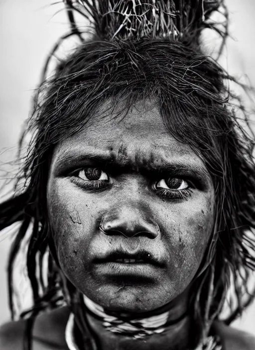 Image similar to Award winning Editorial photo of a Native Nauruans with incredible hair and beautiful hyper-detailed eyes wearing traditional garb by Lee Jeffries, 85mm ND 5, perfect lighting, gelatin silver process