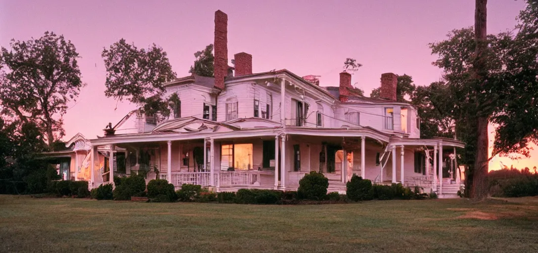 Image similar to american foursquare house designed by dali, david lynch, and cartier at sunset. cinematic. fujinon premista 1 9 - 4 5 mm t 2. 9. portra 8 0 0.