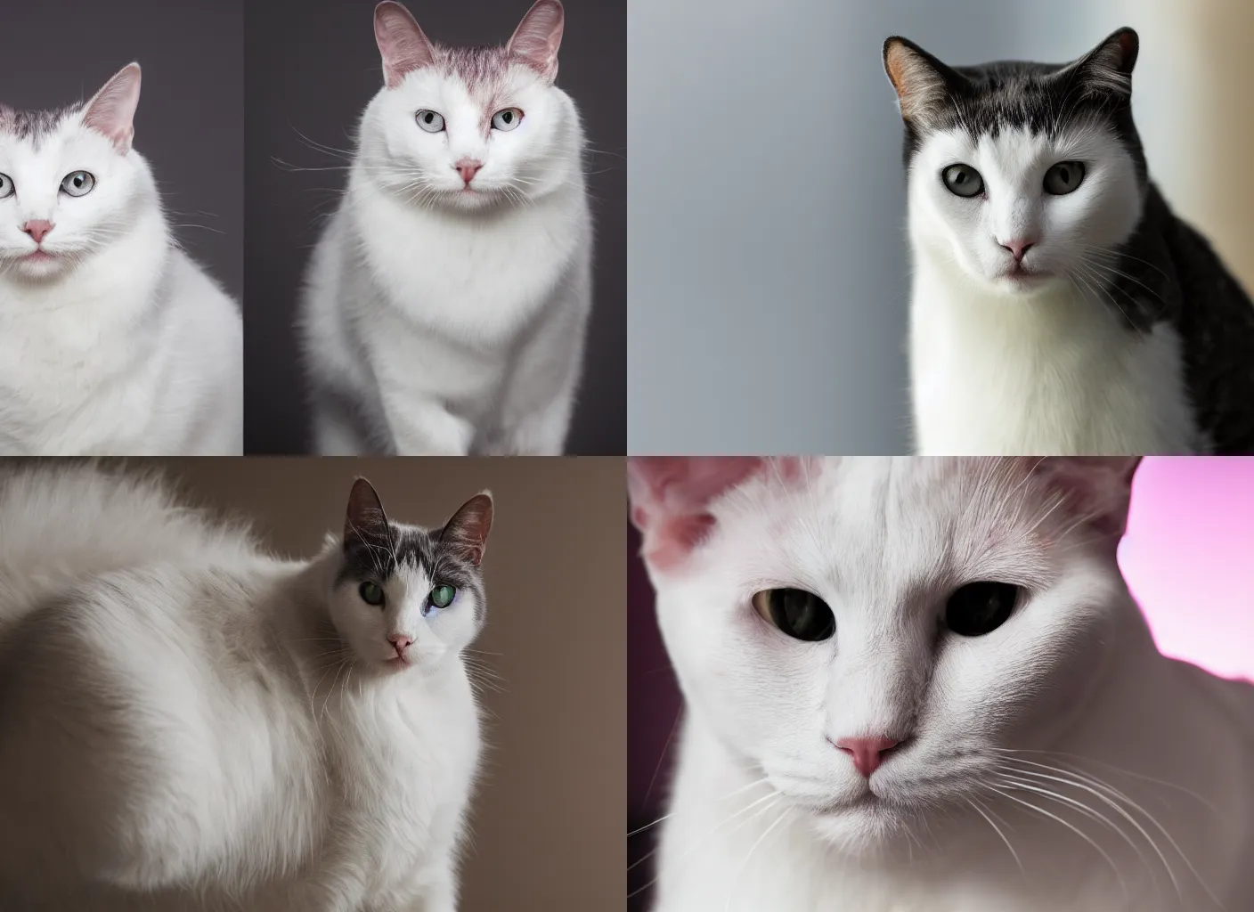 Image similar to photo still of white cat purple eyes, 8 k, studio lighting bright ambient lighting key light, 8 5 mm f 1. 8