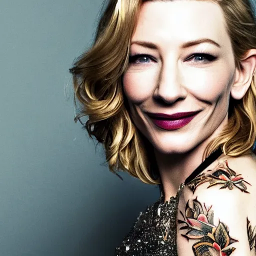 Image similar to full body tattooed cate blanchett with golden teeths 4k