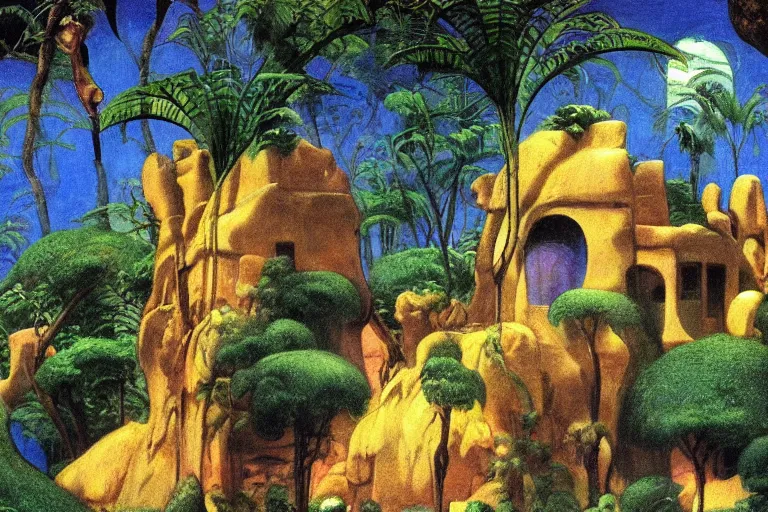 Image similar to a sandstone villa in the jungle,, glowing with silver light, painting by jean - leon gerome, illustration by winsor mccay, color by franz marc, today's featured anime still, architecture, 1 6 k