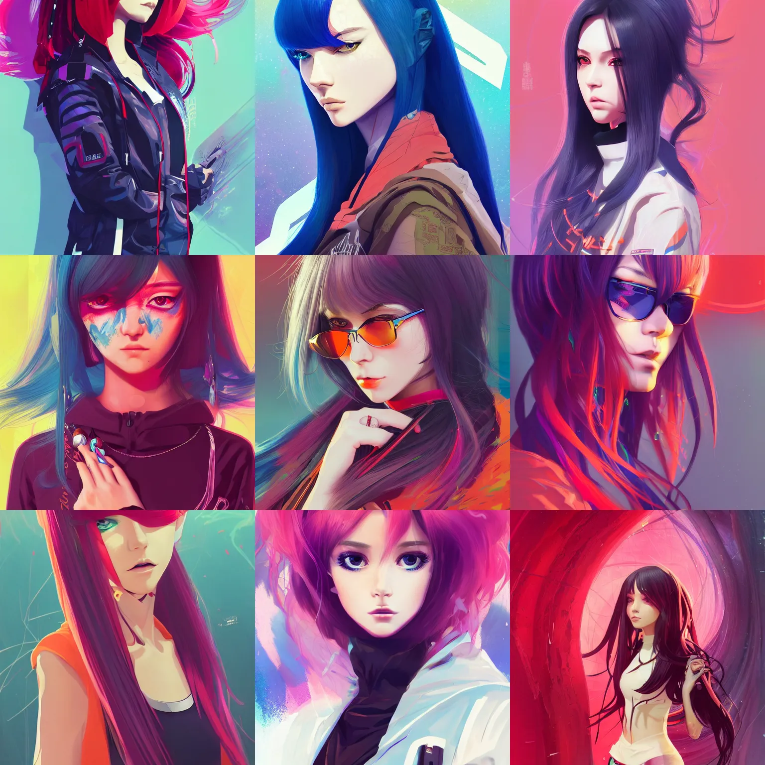 Prompt: poster woman with futuristic streetwear and long hair, colourful, pretty face, intricate eyes, elegant, Anime by Kuvshinov Ilya, Cushart Krentz and Gilleard James, 4k, HDR, Graphic Design, illustration, Behance Trending on artstation, award winning