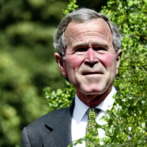 Image similar to george bush covered in green foliage, high detail