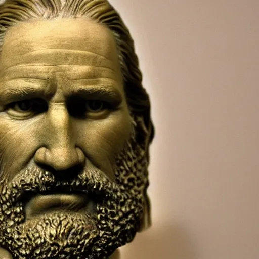 Prompt: hyper realistic closeup bust of a new england fisherman, jeff bridges as the dude, painted, colorized, bossons vintage chalkware, by emile renouf