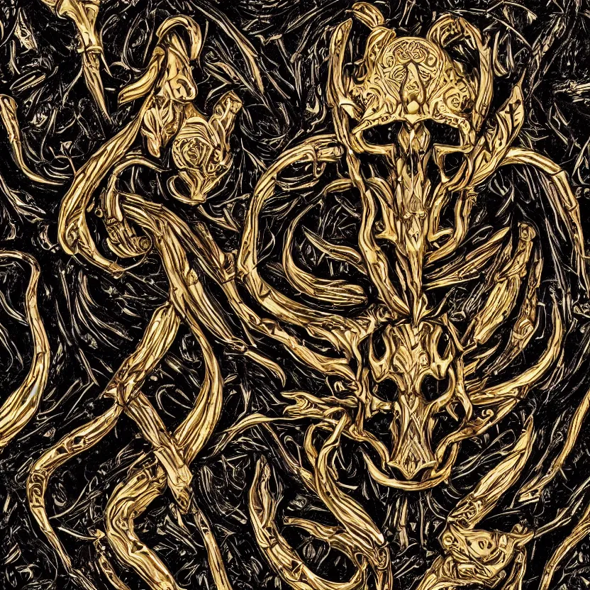 Image similar to photo of wolf skull on bones, dramatic lighting, circural, golden ornaments, symmetric, intricate skeletal decorations, symmetry, highly detailed, concept art, black, glimpse of red, white, gold layers, centered, style of nekroxiii, hyperrealistic, black background, smoke