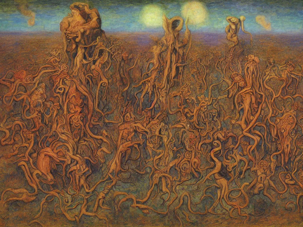 Prompt: the wacky sailors in the vapid ayahuasca desert realm. painting by monet, alex grey, bosch, jan van eyck, beksinski, alfred kubin