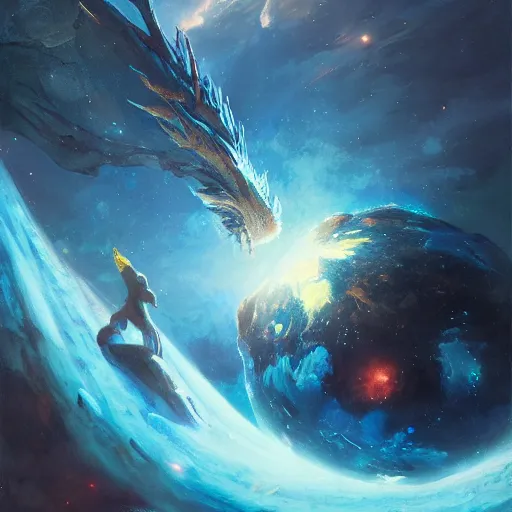 Image similar to prompt blue crystalline European dragon devouring a planet, space, planets, moons, sun system, nebula, oil painting, by Fernanda Suarez and and Edgar Maxence and greg rutkowski