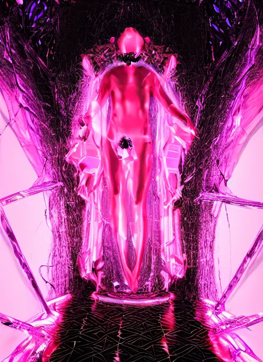 Prompt: photo of baroque and bladerunner geometric neon ruby sculpture of seductive orgasmic albino king adrien sahores tiger pink iridescent humanoid deity wearing black fluffy hoody holding diamond skull in a black metallic dungeon, reclining, glowing rainbow face, crown of white diamonds, cinematic lighting, photorealistic, octane render 8 k depth of field 3 d