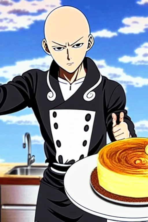 Image similar to chef saitama one punch man, dressed as a pastry chef, making a cake, anime artwork