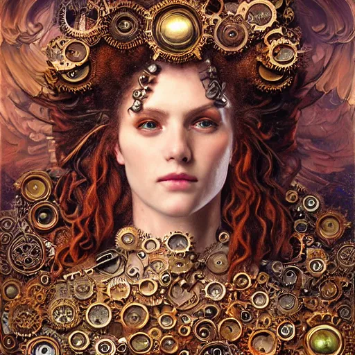 Image similar to A steampunk beautiful goddess, she is curly, she is embellished with gears wheels and gemstones, by William Holman Hunt, Greg Rutkowski, Stanely Artgerm, Tooth Wu, Peter Gric, Aaron Horkey, trending on Artstation, digital art, mythological, symmetrical artwork, cinematic lighting, hyper realism, high detail, octane render, ultra realistic, golden ratio, 4k, 8k