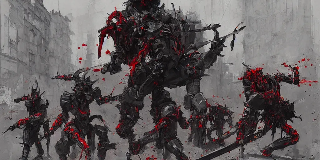 Image similar to demonic samurai robot on the streets of paris, very detailed painting, concept art, very creepy, pile of bodies, a lot of blood on the streets, art by jakub rozalski