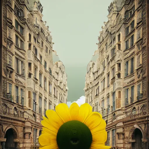 Image similar to giant flower head, woman walking, surreal photography, cinematic, symmetry, flat space, fanciful, bright, detailed, wes anderson