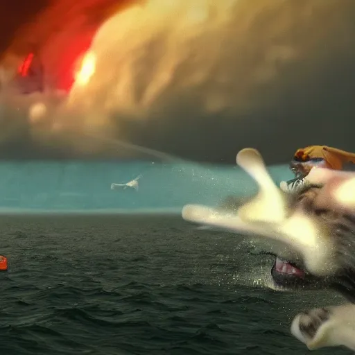 Prompt: masive 1 0 0 meters beagle dog fighting with godzilla over the sea, epic cinematic, 4 k, very high detail