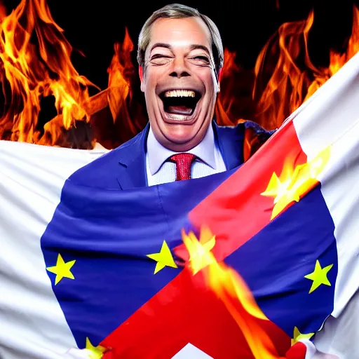 Image similar to nigel farage laughing holding burning eu flag, studio photograph, hd, studio