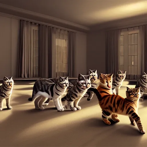 Prompt: many cats playing in a large colurful room, photorealistic, 4 k, highly detailed