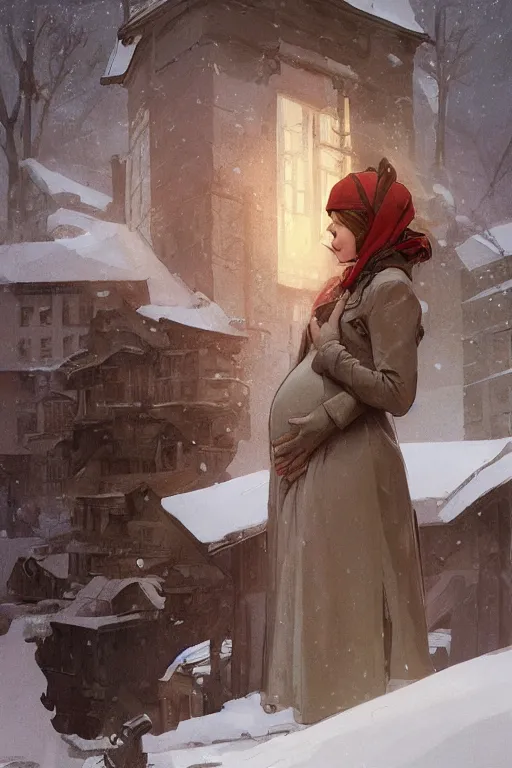 Prompt: portrait of a pregnant woman in the besieged Leningrad in winter, terror, fear, digital painting, artstation, concept art, smooth, sharp focus, illustration, art by artgerm and greg rutkowski and alphonse mucha