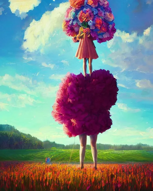 Image similar to girl with a giant carnation head, surreal photography, flower field, sunset dramatic light, impressionist painting, colorful clouds, blue sky, digital painting, artstation, simon stalenhag