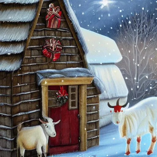 Image similar to painting of scandinavian gnome in barn with white goat, winter clothes, very very very very very beautiful christmas art, masterpiece by jenny nyström, realistic and detailed