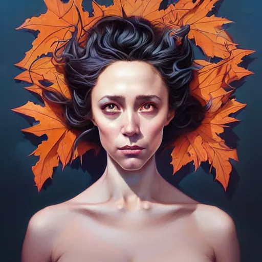 Prompt: beautiful stella maeve magician, in the style of joshua middleton, peter mohrbacher, artgerm, tom bagshaw, realistic character concept, bird's eye overhead shot, elegant pose, spooky, illustration, symmetrical face and body, volumetric lighting, detailed realistic symmetrical eyes, 8 k, single face, insanely detailed and intricate elegant, autumn leaves