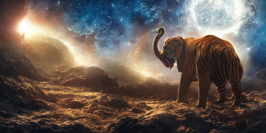 Image similar to planet - sized tiger elephant in space, next to the sun and stars, cosmic, very wide shot, epic composition, hyper detailed, digital art, trending in artstation, cinematic lighting, studio quality, unreal engine 5 rendered, art style by klimt and nixeu and ian sprigger and wlop and krenz cushart