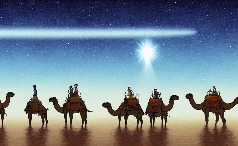 Image similar to a cell - shaded studio ghibli concept art of a hovering ufo shining a spotlight on a camel caravan in a flooded stonehenge desert on a misty starry night. very dull colors, hd, 4 k, hq