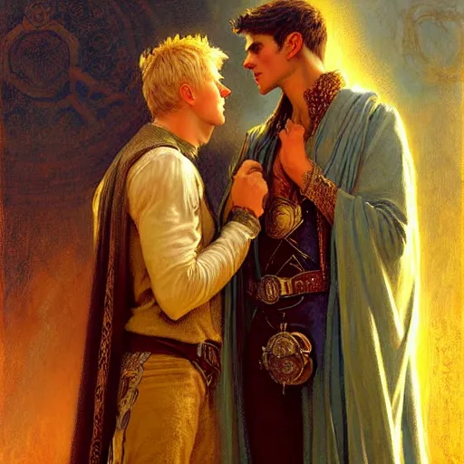 Image similar to stunning arthur pendragon in love with stunning male merlin the mage. they are close to each other. highly detailed painting by gaston bussiere, craig mullins, j. c. leyendecker