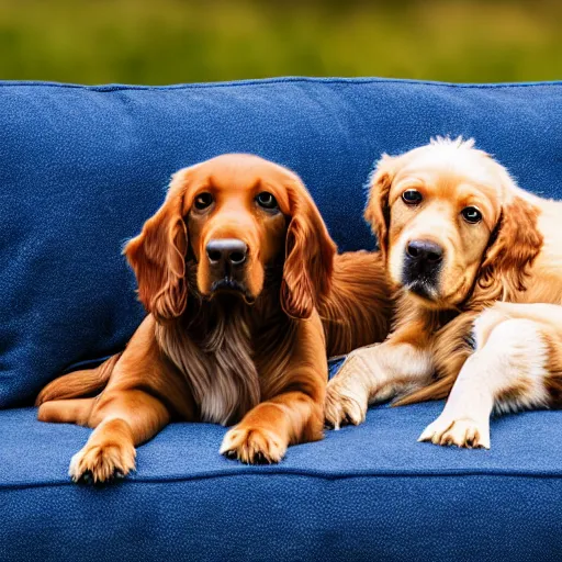 Prompt: a cute spaniel, Labrador and golden retriever spread out on a plush blue sofa. Award winning photograph, soft focus, depth of field, rule of thirds, style of Vogelsang, Elke