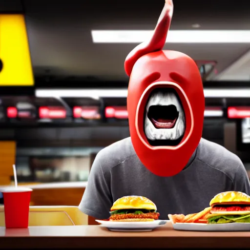 Image similar to photograph of a man with a steak head begging for food at mc donalds, 8k resolution, high detail, ULTRA REALISTIC VFX, reflections