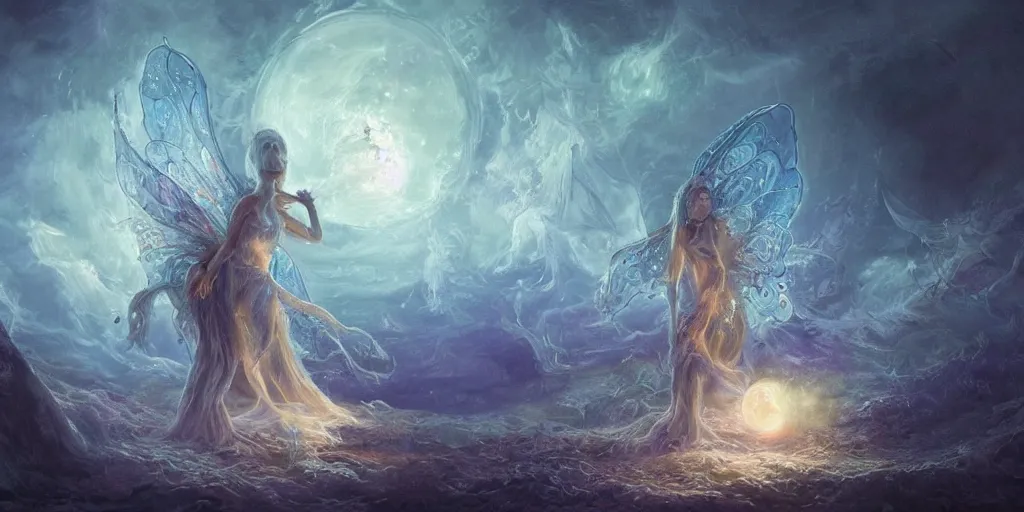 Prompt: concept art of translucent glowing fairies, lovecraftian, renaissance, melting, round moon, rich clouds, fighting the horrors of the unknown, very detailed, volumetric light, mist, fine art, decaying, textured oil over canvas, epic fantasy art, very colorful, ornate intricate scales