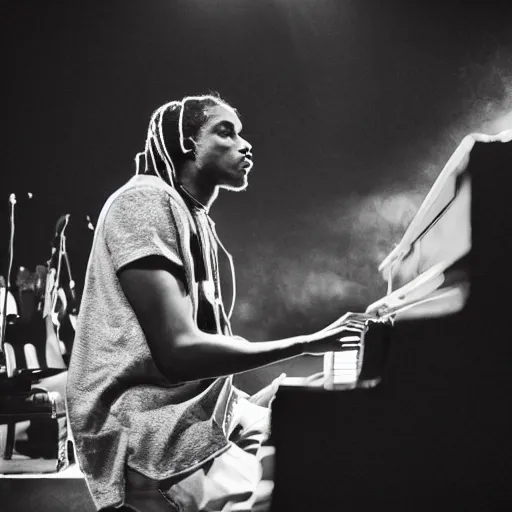 Prompt: Asap Rocky playing piano on stage during concert, highly realistic, photography, 50mm