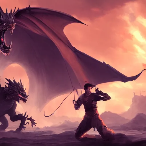 Prompt: character fighting a dragon inspired by greg rutkowski on art station,highly detailed,8K