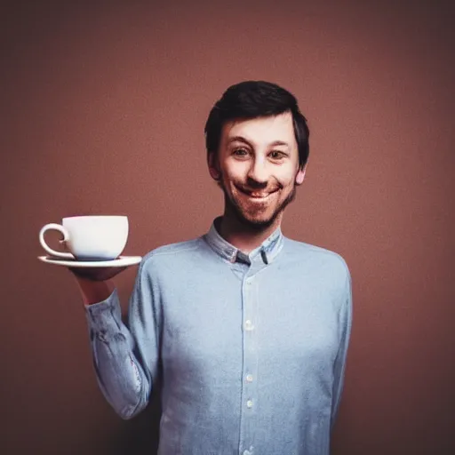 Image similar to full-body photograph of a man with a teacup for a head, hd, 4k