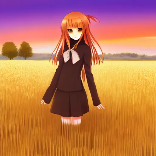 Image similar to Holo from Spice and Wolf standing in a wheat field at sunset, Holo is a wolf girl, high detail, trending on pixiv