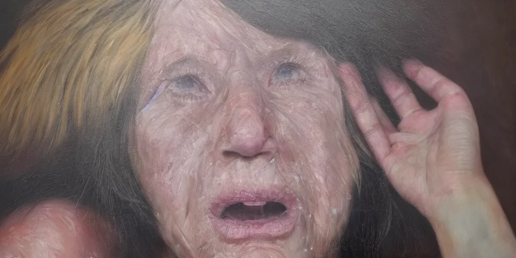 Prompt: very detailed hyper realistic oil painting of a bitter person having a spiritual rebirth