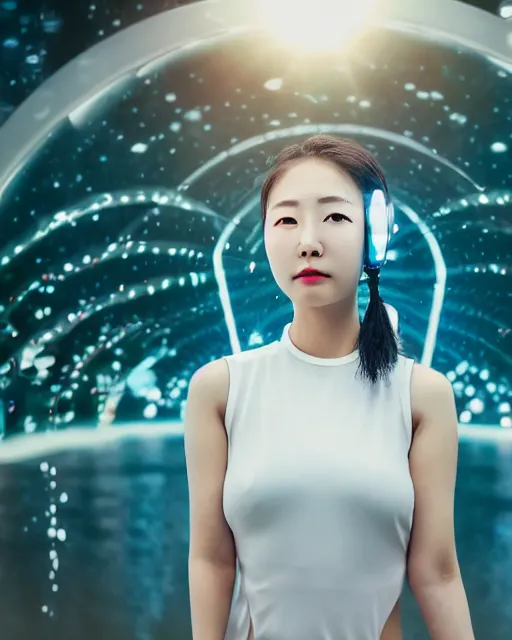 Image similar to beautiful centered photo of korean girl as a solarpunk cyborg with white mechanical parts and implanted bright halogen lamps, treading above calm water, ultra - realistic and detailed, sun lit, white background, bokeh, soft focus, slow exposure hdr 8 k