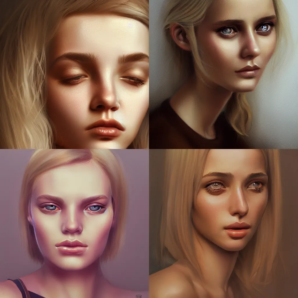 Prompt: sensual tender blonde haired woman, teary eyes, highly detailed, beautiful portrait by Aykut Aydogdu, studio lighting, artstation