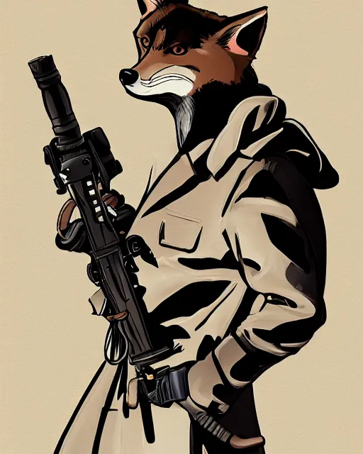 Prompt: a fox wearing a black trench - coat holding a mini - gun, comic art style, digital art,