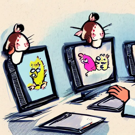 Prompt: illustration guinea pigs using computers in the style of Wanda Gág, trending on artstation, sketch