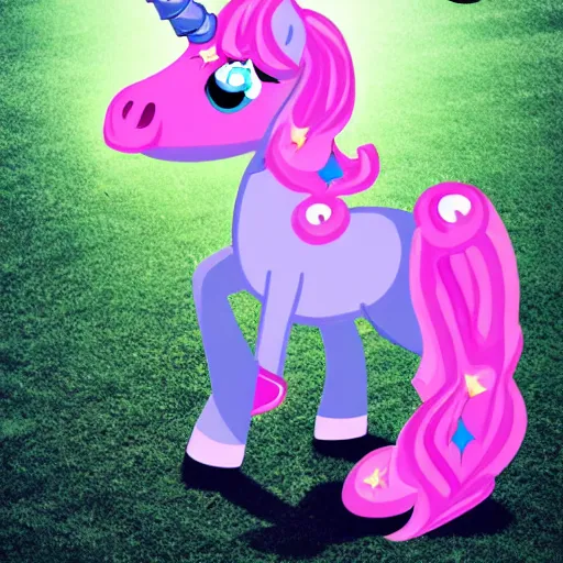 Prompt: a pretty pink unicorn character eating a little hamburger on the ground in a soccer field | digital art | very high quality | very detailed | totally awesome | very cute | horselike