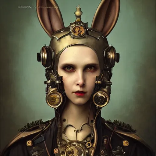 Prompt: tom bagshaw, curiosities carnival, soft paint of a single bald beautiful female in a full steampunk armor, rabbit - ear helm ornate, symmetry accurate features, focus, very intricate ultrafine details, award winning masterpiece