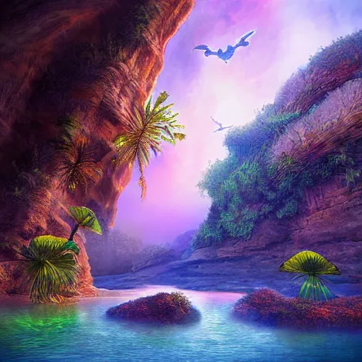 Prompt: digital painting of a lush natural scene on an alien planet by harlew flume. digital render. detailed. beautiful landscape. colourful weird vegetation. cliffs and water.