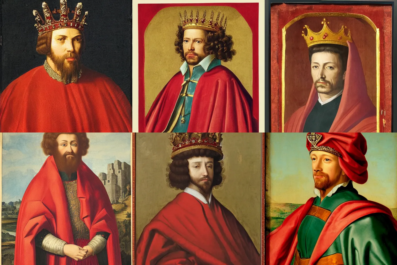 Prompt: official Portrait of a King. Wearing a large crown and a red cape. Detailed