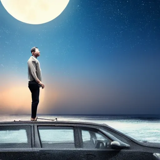 Prompt: man on the car in the middle of sea, moon glowing, 4 k render,