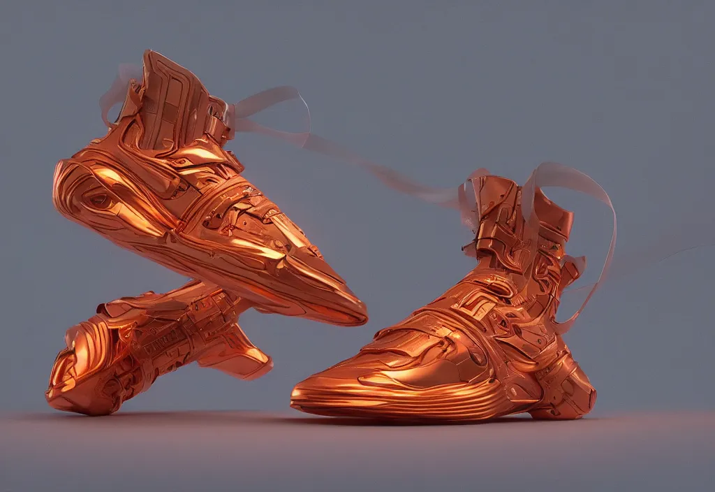 Image similar to futuristic sneaker with neon illuminated rubber soles and soft orange laces on a grey surface, clean 3 d render, beautiful studio lighting, soft, sharp focus, cyberpunk, intricate detail, gold and red filigree, soft rubber, octane render, trending on artstation, deviantart, art by iris van herpen and syd mead and mucha