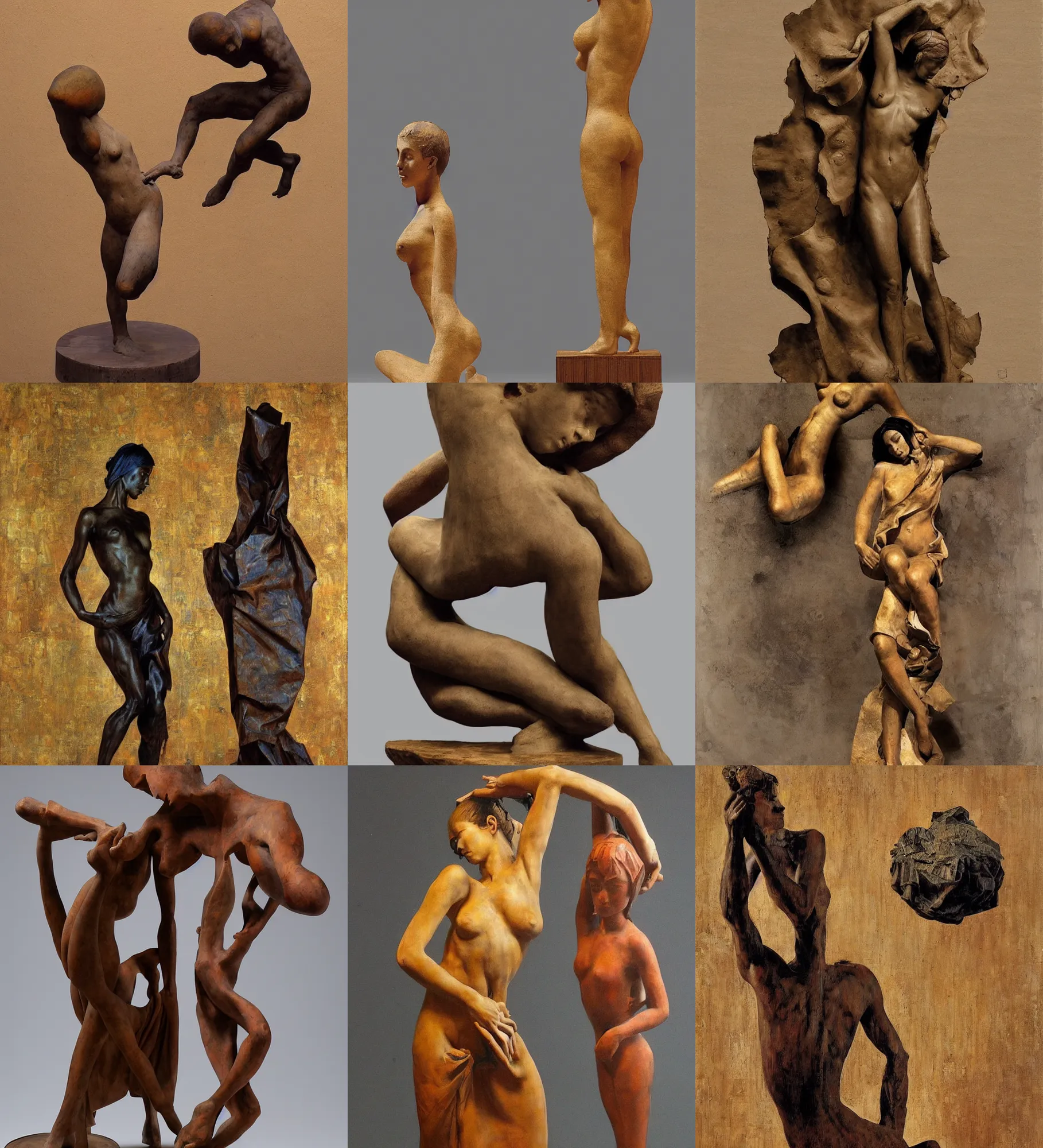 Prompt: modern sculpture, oriental, clay wood and cloth social realism, barocco, Frank Frazetta, Denis Sarazhin, klimt, Dean Ellis, Detmold Charles Maurice, levitation, simple form, brutal shapes